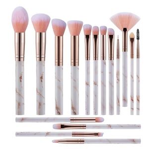 15-Piece Marble Handle Makeup Brush Set in Pink and Rose Gold
